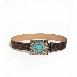 Western Brown Tooled Leather Belt Turquoise Buckle‎ Boho Cowgirl Fashion